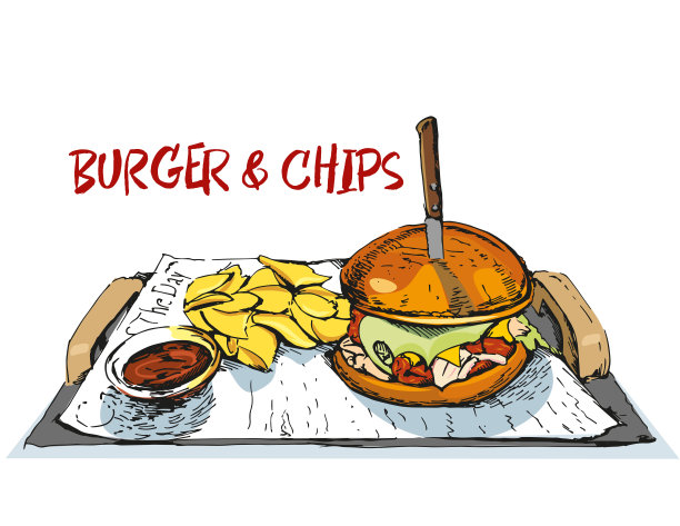 牛肉汉堡、薯条和酱汁的插画。快餐。古董汉堡海报。图片下载