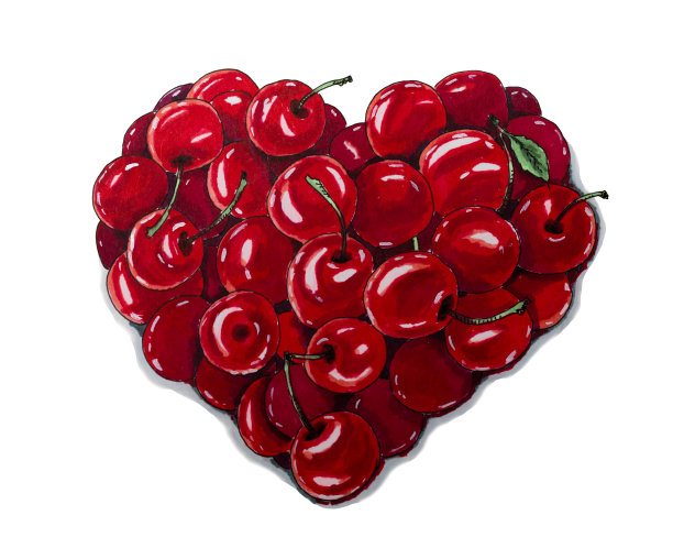 水彩樱桃心。白色背景上的情人节。图片下载