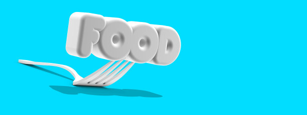 工作在一个蓝色的背景与食物。叉子为餐厅、咖啡馆、披萨店设计。为广告目的设计的极简厨房叉。3D渲染，3D渲染。图片下载