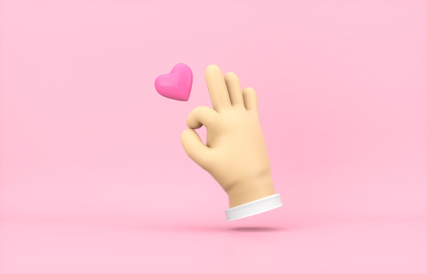 抽象三维卡通ok手与迷你心形图标。情人节的概念。图片下载