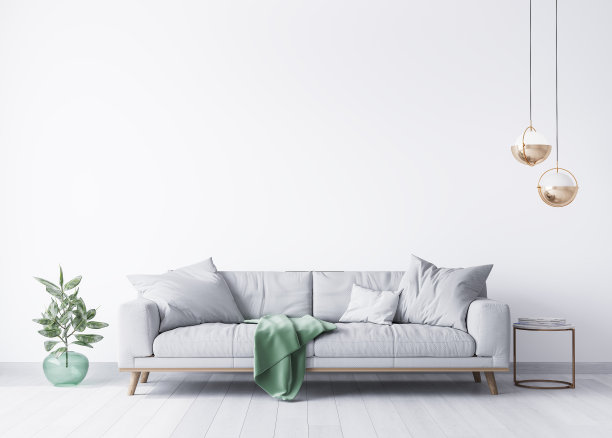 室内房子与简单的白色背景模拟。灰色天鹅绒沙发，上面有绿色格子呢图片下载