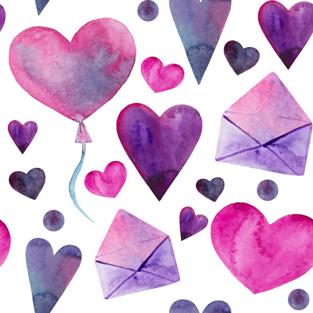 水彩无缝图案情人节。手绘水彩心形、气球和字母是爱的象征。2月14日情人节明信片水彩插图。图片下载