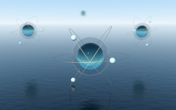 平静的海洋上的分子球体，奇妙的场景，3d渲染。图片下载