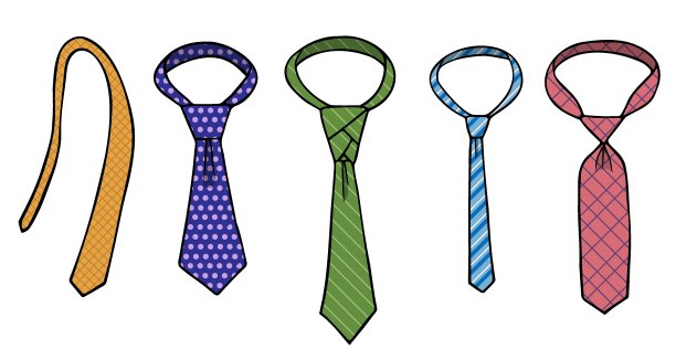 领带一套有不同大小和形状图案的领带有格子的、有条纹的和有圆圈的。手绘彩色孤立对象。图片下载