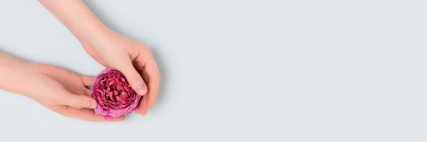 旗帜与女性的手，粉红色的玫瑰花头在蓝色柔和的背景。图片下载