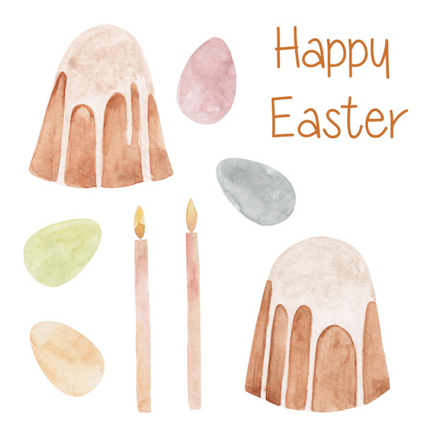 赛斯手绘了复活节蛋糕、鸡蛋、教堂蜡烛的水彩画。孤立的白色背景。春天的节日。图片下载