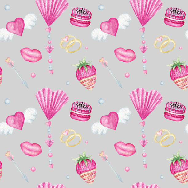 无缝图案心情人节，爱情贺卡概念。用于剪贴簿的水彩纹理。婚礼、横幅、海报设计。手绘粉色心形在灰色的背景图片下载