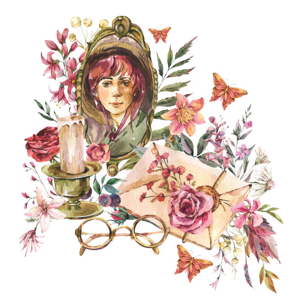 有干花的老式贺卡，复古女人肖像。深色学术界花卉复古插图。图片下载