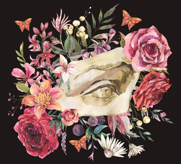 深色学术界花卉复古插图。希腊雕塑大卫眼睛与干花图片下载