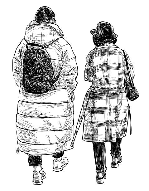 两个城镇妇女在户外散步的徒手画图片下载