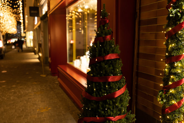 在黑暗的夜晚，装饰花环、灯光和松树上的红丝带照亮了商店的窗户。图片下载
