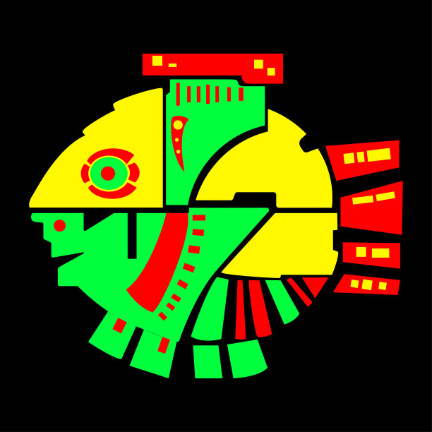 三种颜色的几何鱼-红，绿，黄。水下动物。海洋生物。矢量插图上的黑色背景。图片下载