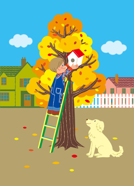一个男孩正在梯子上搭建一个鸟笼，旁边有一只狗。图片下载
