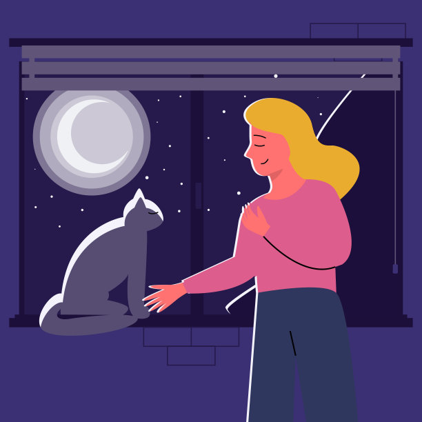 女孩向窗外望去。欣赏夜空。浪漫的设置。一个女人和一只猫往窗外看图片下载