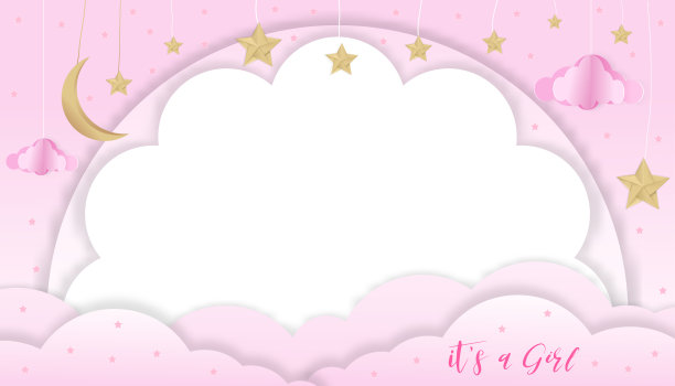 矢量插图纸艺术的宝宝女孩淋浴贺卡与夜空，新月，云彩和星星挂在粉红色的背景，可爱的剪纸与复制空间宝宝的照片图片下载