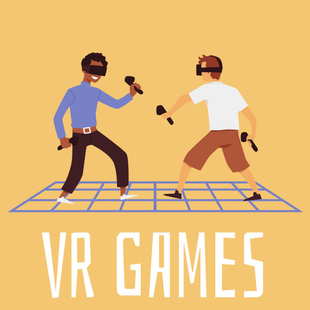 虚拟现实游戏横幅上有两个人玩虚拟游戏平面矢量插图。图片下载