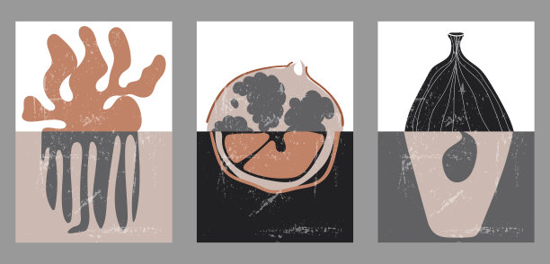 三套抽象的极简主义美学背景与花瓶，涂鸦，水果。图片下载