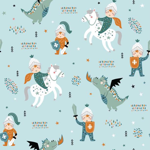 骑士、龙、城堡的幼稚无缝图案。图片下载