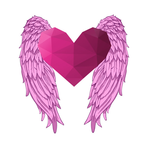 心有天使的翅膀。情人节横幅，海报，明信片设计模板。时尚平面向量。多边形剪辑艺术插图。图片下载