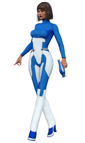 未来女士兵在白色和蓝色制服，武装枪支，3d插图图片下载