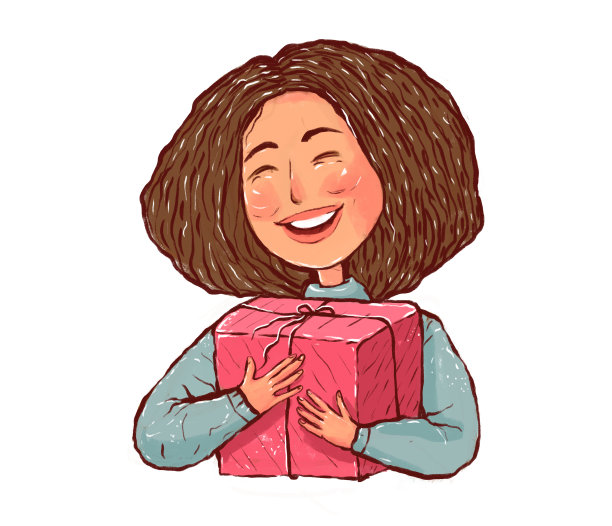 快乐的黑发女孩手里拿着一个大礼品盒，脸上洋溢着幸福。在白色背景图片下载