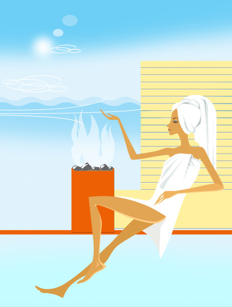 受伤的女人，裹着毛巾，头上缠着头巾，坐在桑拿房。插图图片下载