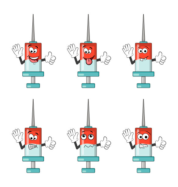 注射器字符卡通图标设置。冠状病毒疫苗可爱吉祥物符号集合。矢量插图孤立在白色背景。图片下载