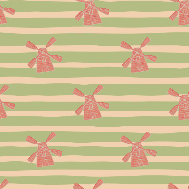 建筑无缝图案与粉红色涂鸦风车点缀。绿色条纹背景。图片下载