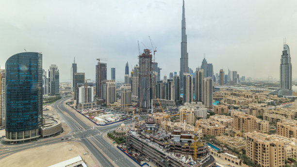 日落前美丽的迪拜市中心航拍鸟瞰图，阿拉伯联合酋长国迪拜图片下载