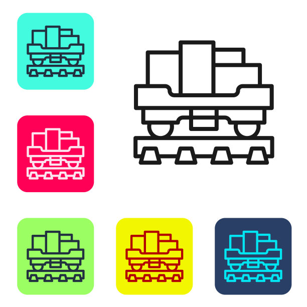 黑线货运列车货车图标孤立在白色背景。全货车。铁路运输。设置图标为彩色方框按钮。向量图片下载