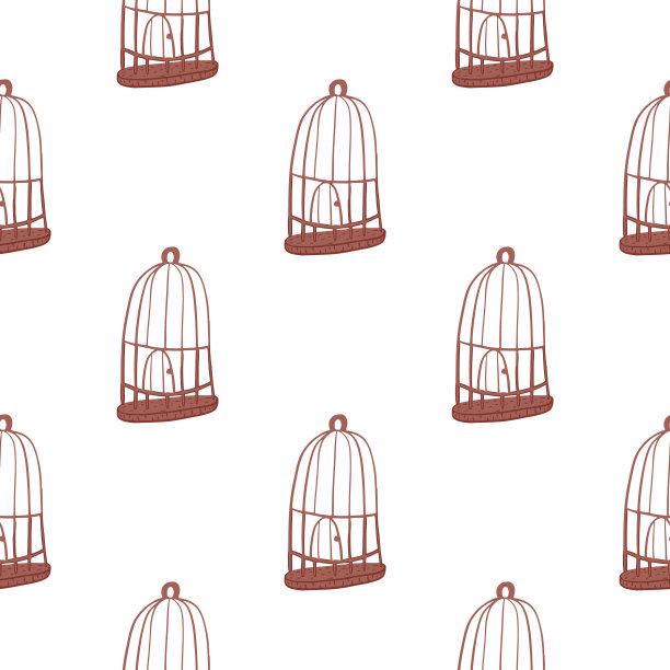 孤立无缝图案与浅红色鸟笼轮廓轮廓。白色背景。图片下载