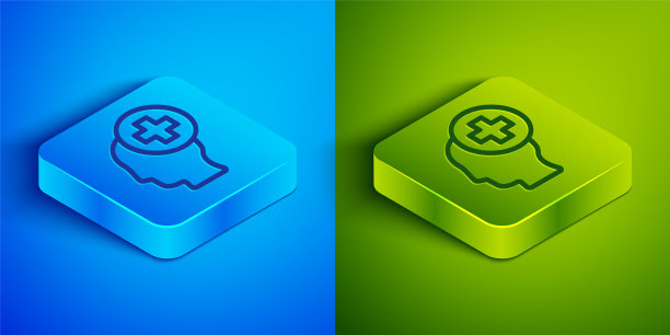 等距线男性头部与医院图标隔离在蓝色和绿色背景上。头部有精神健康，医疗保健和医疗标志。方形按钮。向量图片下载