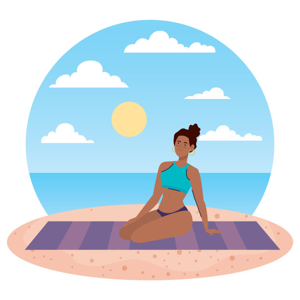 穿着泳衣的爆炸头女人坐在毛巾上图片下载