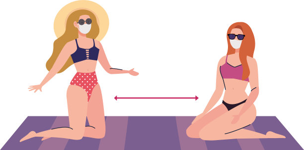 妇女穿着泳衣戴着医用口罩旅游图片下载