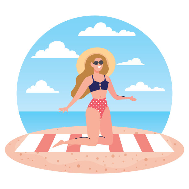 女人穿着泳衣坐在毛巾上图片下载