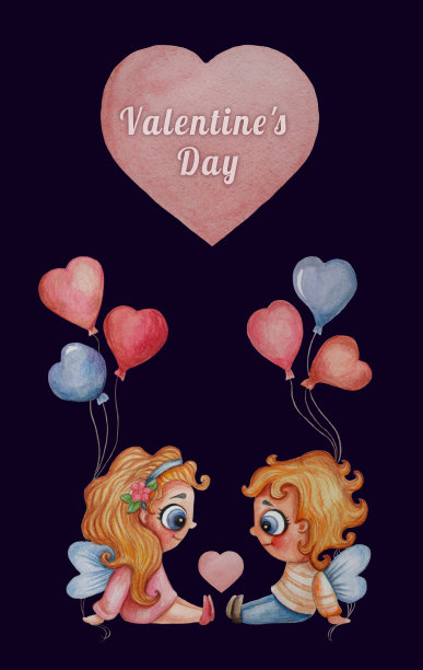明信片的情人。可爱的小天使孩子们——一个女孩和一个男孩用气球和一颗粉红色的大爱心写着情人节的短信。水彩。垂直的插图。手绘在蓝色的背景图片下载