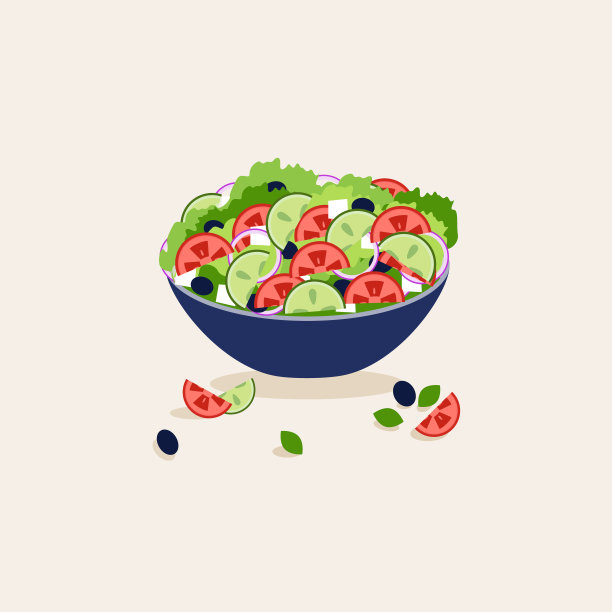 健康的新鲜蔬菜沙拉，配黄瓜，番茄，橄榄，洋葱，奶酪和生菜在海军沙拉碗。矢量插图。图片下载