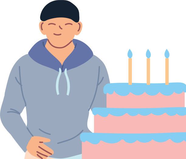 亚洲人卡通与快乐的生日蛋糕图片下载