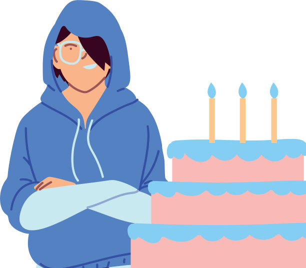 亚洲人卡通与快乐的生日蛋糕图片下载