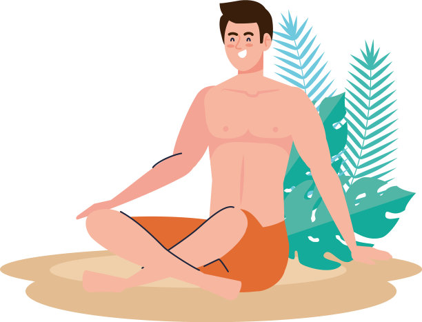 穿着短裤的男人坐在热带海滩上图片下载