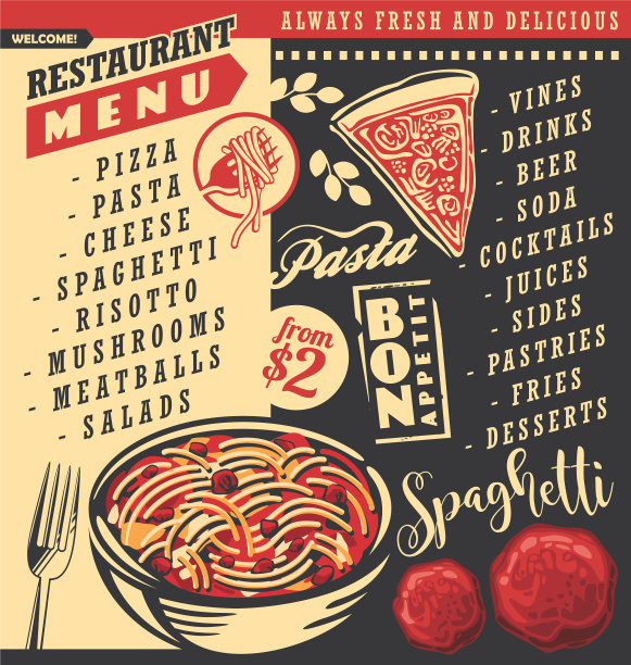 有意大利面条的晚餐菜单图片下载