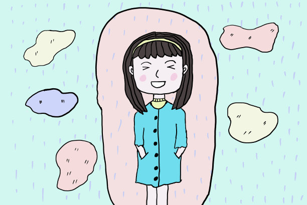 画女人卡通穿毛衣感到幸福和微笑。图片下载