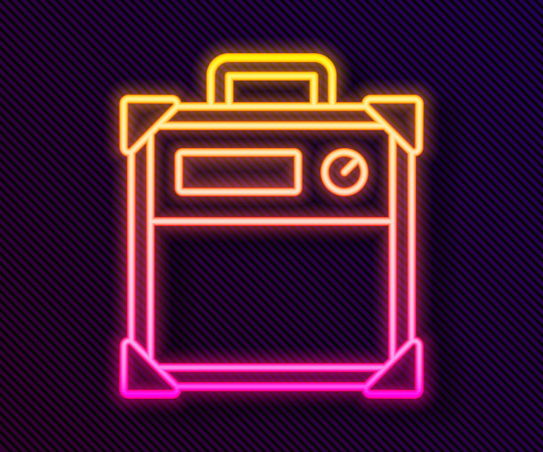 发光的霓虹灯线吉他放大器图标孤立在黑色背景。乐器。向量图片下载