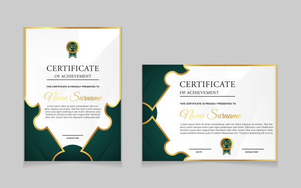 一套成就证书边界设计模板与元素的豪华金章和现代线条模式。矢量图形打印布局图片下载