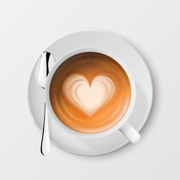矢量三维现实的白瓷陶瓷杯，牛奶咖啡，泡沫，心脏图案。钢银勺，碟子隔离。卡布奇诺,拿铁咖啡。模型设计模板。俯视图图片下载