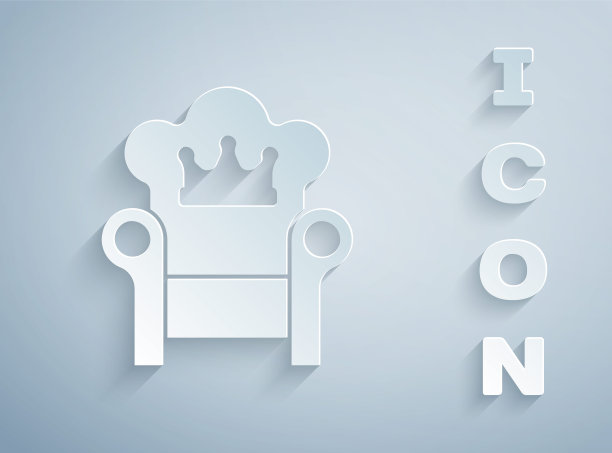 剪纸中世纪王座图标孤立在灰色背景。纸艺术风格。向量图片下载