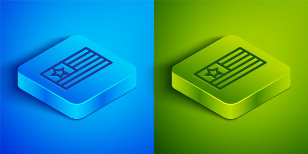 等距线美国国旗图标孤立在蓝色和绿色的背景。美国的国旗。美利坚合众国。方形按钮。向量图片下载