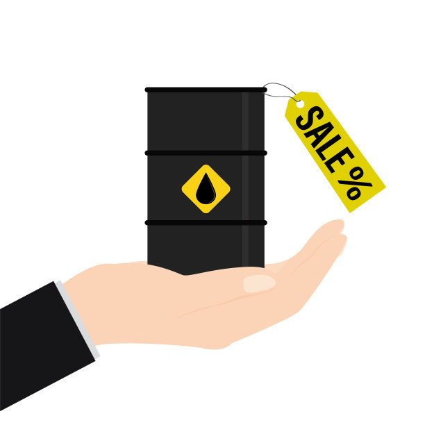 大手捧着油桶。销售石油产品和燃料。有标签销售的油箱中的石油。折扣，油价下跌。图片下载