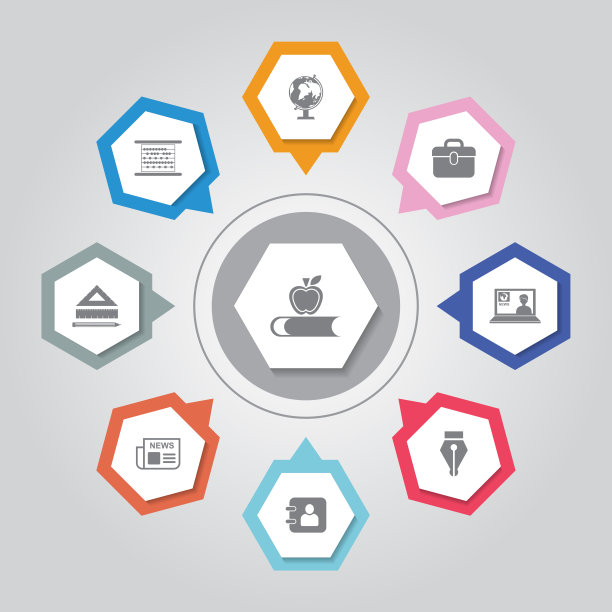 教育图标。简单的平面矢量图标设置在灰色辐射背景图片下载