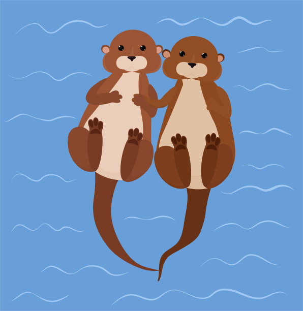 水獭夫妇在蓝色的河里抓着爪子游泳。图片下载